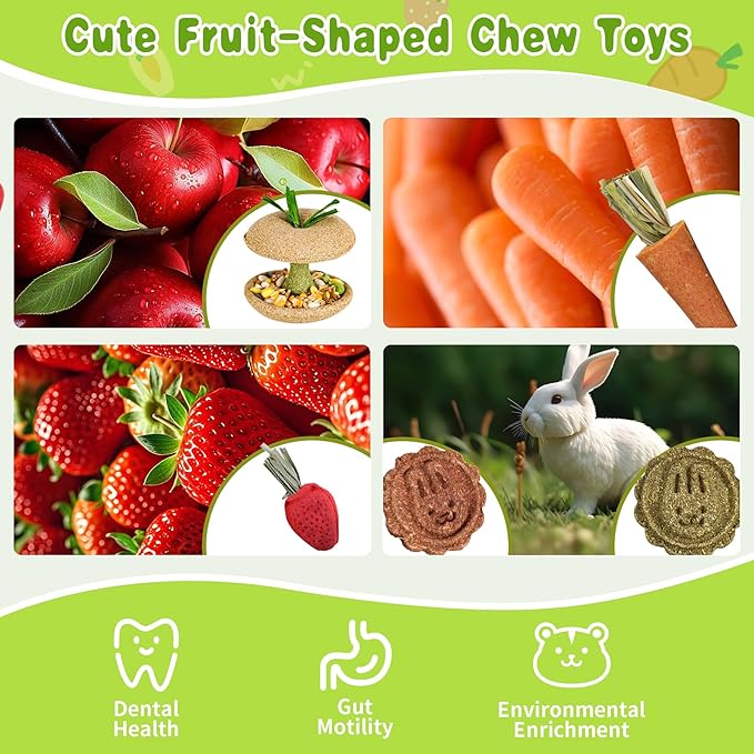 10 PCS Hamster Chew Toys, Guinea Pig Chew Toys for Teeth Natural Timothy Chinchilla Treats Apple Core, Grass Cake, Carrot and Strawberry for Gerbil, Rat, Rabbit and Small Animal Dental Care