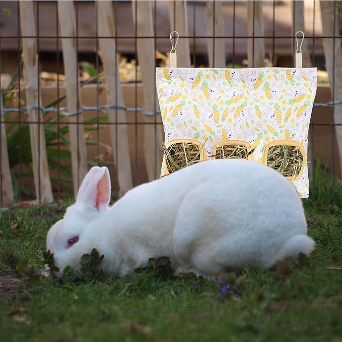 Lesnala 2pcs Bunny hay feeder Rabbit hay feeder bag Hanging guinea pig hay bag Large capacity cotton canvas fabric hay bag for Rabbits Bunny Chinchillas Hamsters and Other Small Pets(3 Holes,2 styles)