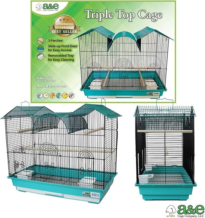 A&E Cage Co AE2614TT SP Blue Triple Top Bird Cage – 26" x 14" x 23" Decorative Small Bird Cage – Includes 2 Feeder Stations, 3 Wood Perches, Slide-Out Tray & Carry Handle (Teal)
