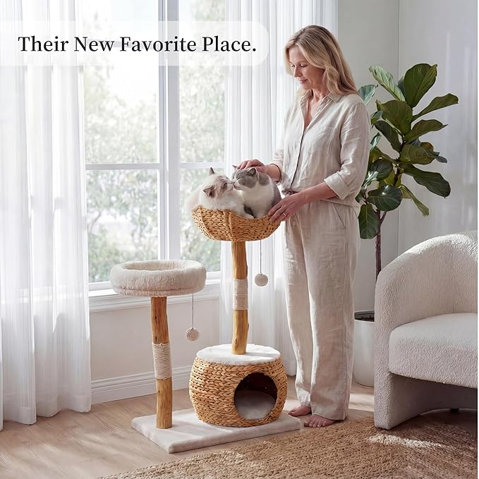 Leo & Lexi Modern Cat Tree Tower with Cave, Real Wood Cat Scratching Post with Bed for Indoor Cats Large Adult, Solid Wooden Climbing Tower, Cute Condo, Aesthetic Stand, Boho Luxury Pet Furniture
