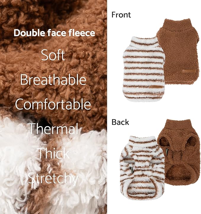 Fitwarm 2 Pack Striped Fleece Dog Sweater, Warm Winter Clothes for Small Dogs Boy Girl, Fuzzy Pet Outfit, White, Brown, Small