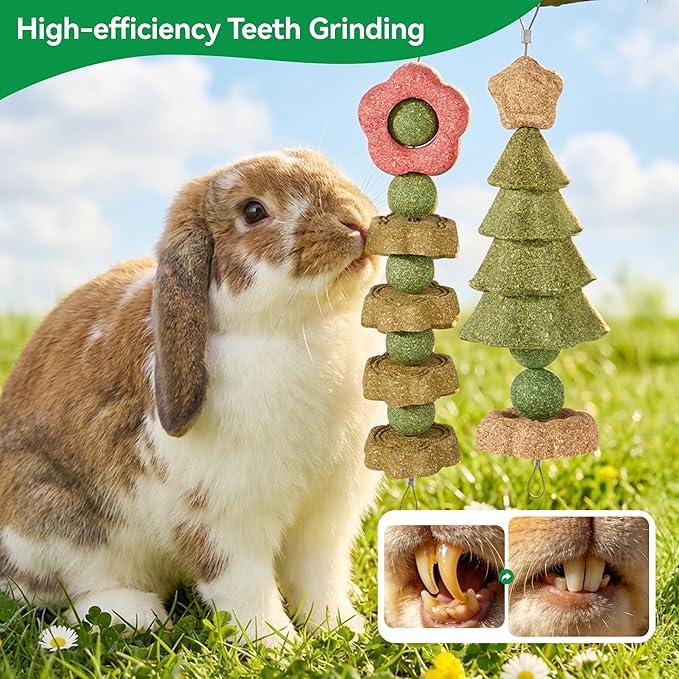 4 Pack Rabbit Chew Toys Bunny Treats, Prevent Teeth Overgrowth, Chew Toys for Guinea Pig/Hamster, Made with Timothy Hay & Vegetables for Rodent Pets, Small Animal Toys