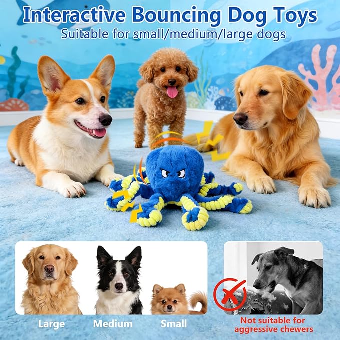 ETACCU Interactive Dog Toys Octopus, Moving Dog Toy to Keep Them Busy, Durable Automatic Jumping Dog Toy Bouncing Dogs Toy Squeaky Moving Tug of War Doggie Toy for Small Medium Large Dogs (Blue)