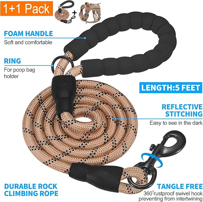 Beebiepet Heavy Duty Tactical Dog Harness for Large Dogs, No Pull Adjustable Pet Harness Reflective Service Training Easy Control Pet Vest Military K9 Working Dog Harnesses- Large, Brown