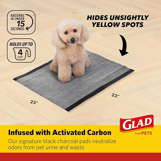 Glad for Pets Black Charcoal Puppy Pads, 23 x 23 Inch, 6-Layer Leak-Resistant Design, Activated Carbon Odor Control, Pheromone Attractant for Potty Training, 14 Count - 2 Pack
