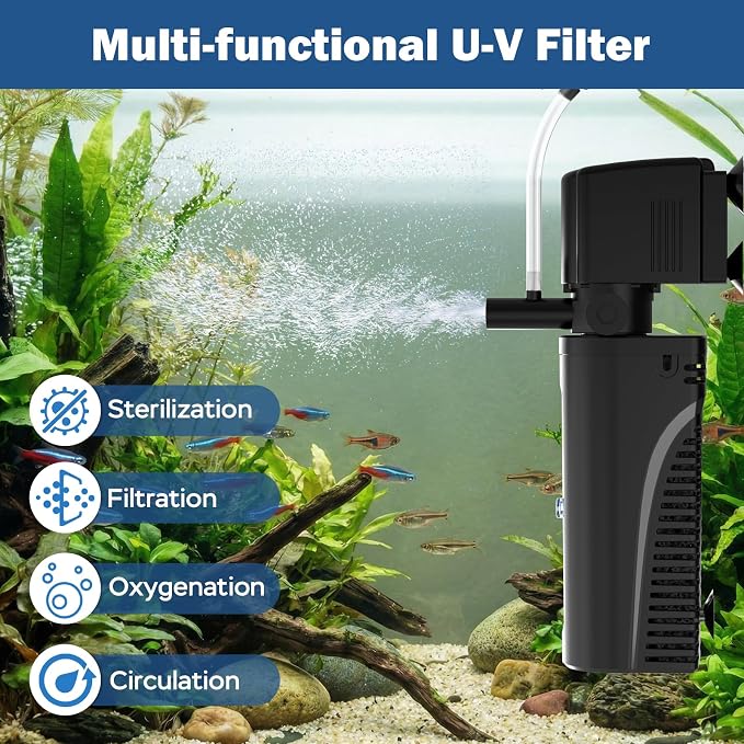 Aquarium U-V Filter for Green Water, Fish Tank Filter with U-V Light & Timer, Turtle Tank Filter with Dual Outlet & Aeration, for 10-30 Gallon Freshwater & Saltwater