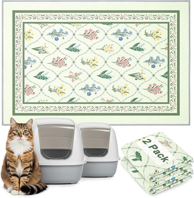 Bienbee Cat Litter Mat, 2PCS 33"x22" Machine Washable Litters Box Mats Non-Slip &Waterproof Cat Litters Trapping Mats Easy to Clean Mat for Litter Box Less Waste Protects Floors Bean Green Branch L