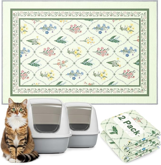 Bienbee Cat Litter Mat, 2PCS 33"x22" Machine Washable Litters Box Mats Non-Slip &Waterproof Cat Litters Trapping Mats Easy to Clean Mat for Litter Box Less Waste Protects Floors Bean Green Branch L