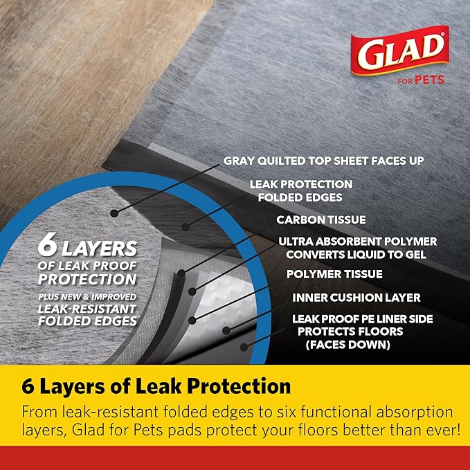 Glad for Pets XL Charcoal Training Pads, Heavy Duty Leak-Resistant Puppy Pee Pads with Activated Carbon Odor Control, Quick-Dry Quilted Top, Indoor Potty & Crate Liner, 24 x 24 in, 100 Count