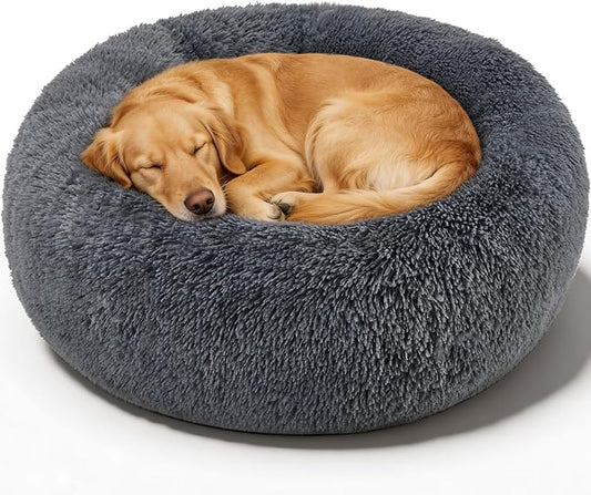 Dog Calming Beds for Medium Large Dogs Round Donut Washable Puppy Dog Bed, Anti-Slip Faux Fur Fluffy Donut Cuddle Anxiety Cat Pet Bed(36" Dark Grey)