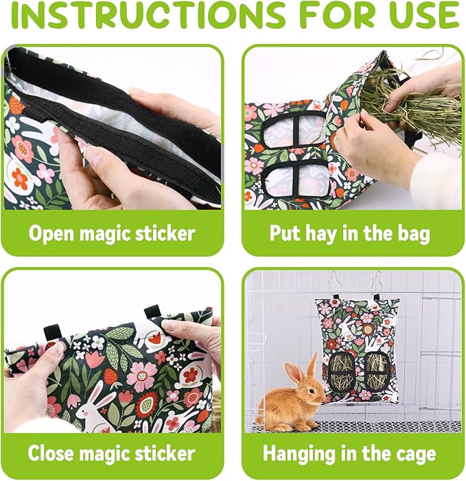 3 Pcs Rabbit Hay Feeder, 2-Hole Hanging Guinea Pig Hay Bags Washable Bunny Hay Bag for Rabbits, Chinchillas, Hamsters, Small Pets and Animals (11.8"×8.7")