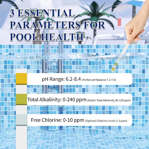 A QUILA Pool Water Test Strips Kit, 3 Way 150CT Spa Test Strips for Hot Tub | Swimming pool chemical test kit for above-ground underground pool water testing pH, Alkalinity, Chlorine