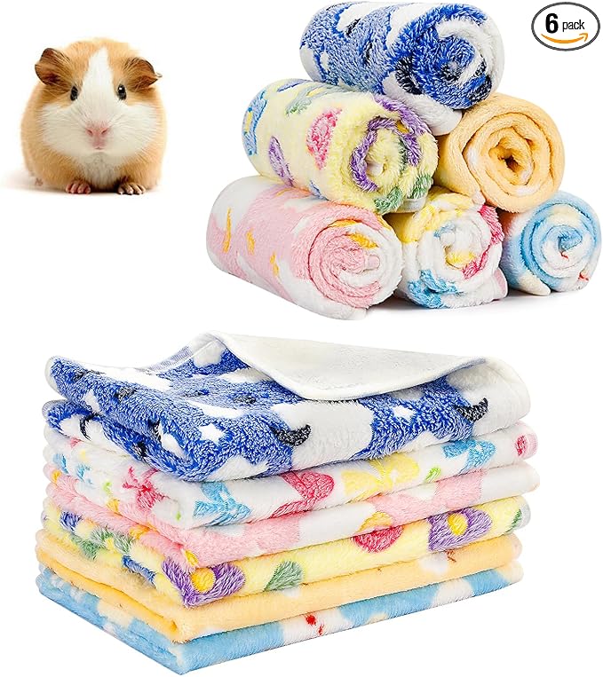 PETKNOWS 6PCS Guinea Pig Fleece Blankets, Washable Small Animal Fleece Bedding Cage Liners Absorbent Pet Pee Pad Sleep Mat Pad Cover for Hamster Ferret Rabbit Chinchilla Hedgehog