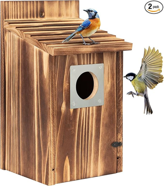 2 Pack Bird Houses for Outside with Metal Predator Guard for Bluebird Wren Swallow Finch, Carbonized Wooden Nesting Boxes for Outdoor, Sturdy Bird House,Easy to Clean