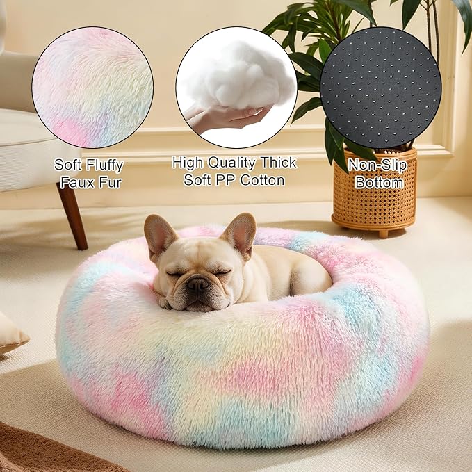 Dog Calming Beds for Small Medium Large Dogs - Round Donut Washable Puppy Dog Bed, Anti-Slip Faux Fur Fluffy Donut Cuddle Anxiety Cat Pet Bed(36'' Color)
