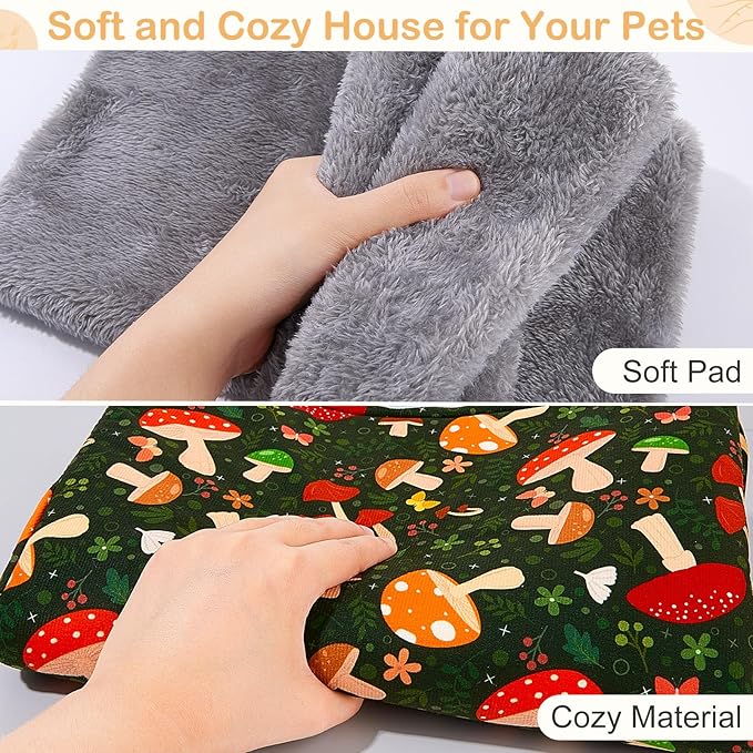 Glittme Guinea Pig Hideout with Curtain and Tunnel - Soft Bed with Cushion - Suitable for Guinea Pig, Hamster, Chinchilla, Bunny - Mushroom