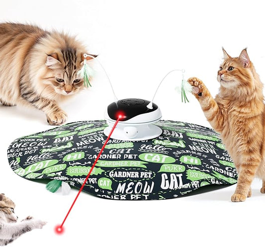 Interactive 5in1 Cat Toys Chargeable,Moving Feather,laser pointer,Track Ball,Hide and Seek,Real Bird Sing,Touch/Sound Activated Cat Kitten Toy Exercise Toys for Indoor Bored Cats w/ Replacement Parts