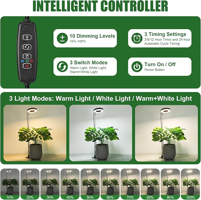 Black 3.54" LED Grow Light, Full Spectrum Plant Lights for Indoor Growing with 3/9/12H Timer, 3 Color Modes, 10 Brightness, Height Adjustable, Small Halo Grow Light with Base, 3 Pack
