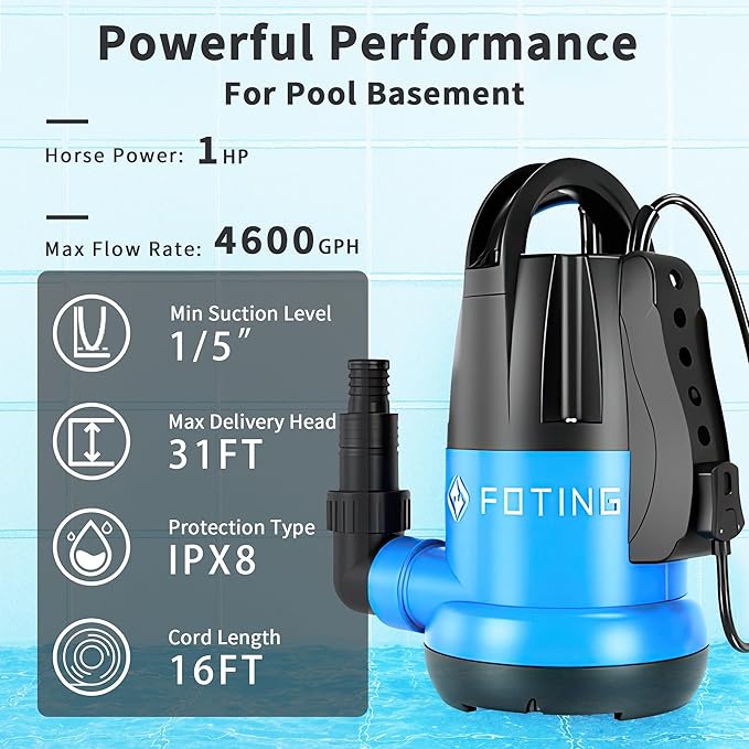 FOTING Sump Pump 1HP Clean/Dirty Submersible Water Pump,4600GPH Utility Pump Thermoplastic Electric Portable Transfer Water Pump for Swimming Pool Pond Basement with 10ft Power Cord,Auto
