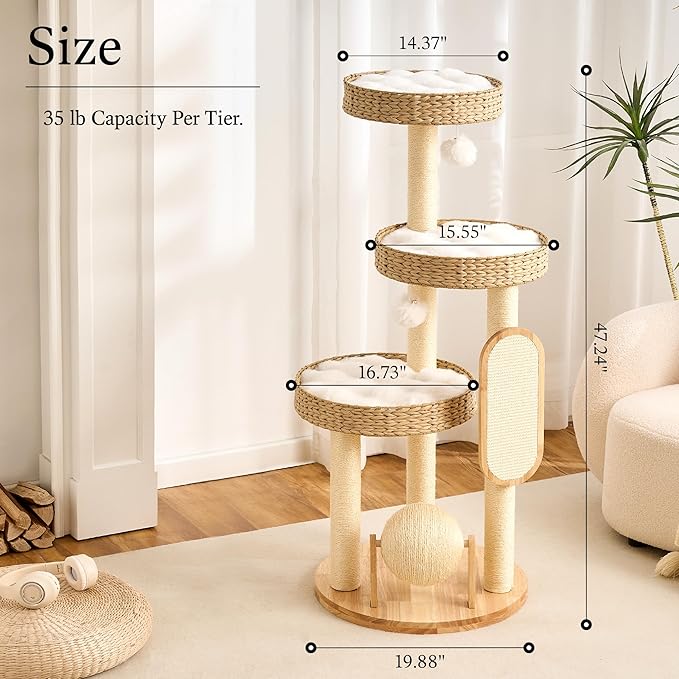 797Audio Wood Modern Cat Tree for Large Cat, 47" Tall Cat Tower with Scratching Posts, Cat Beds, Aesthetic Multi-Level Cat Climbing Tree with Hand-Woven Bed for Adult Indoor Cats