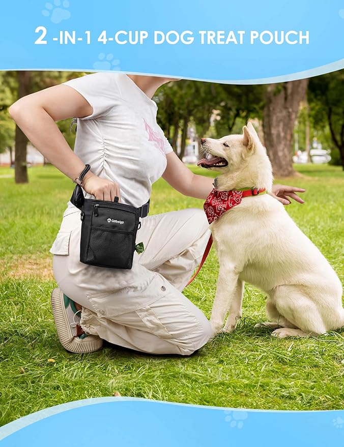 Gobeigo Dog Treat Pouch, Magnetic Closure & Sealable Silicone Bag Insert, 4-Cup Capacity – Belt Clip/Waist Belt/Crossbody Wear, Clicker Included – Great for Pet Training & Walking (Black)