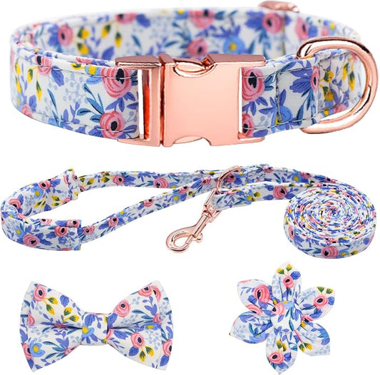 Dog Collar and Leash Set Girls Adjustable Puppy Collars with Floral Bow Tie for Small Medium Large Female Dogs, Blue Flower, L