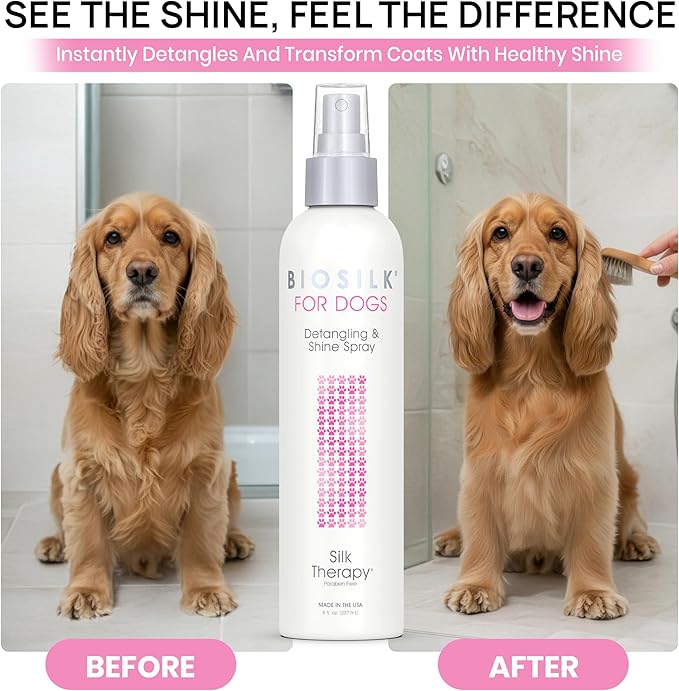 BioSilk for Dogs Silk Therapy Detangling and Shine Protecting Spray, pH Balanced Leave-In Mist with Silk and Vitamins for Dematting, Paraben-Free, All Coats and Breeds, 8 Fl Oz