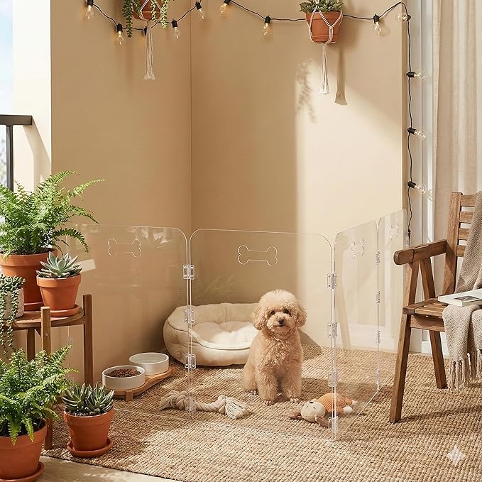 Acrylic Dog Playpen for House, Pre-Assembled Foldable Clear Gate Indoor with Handles, Free-Standing Pet Fence for Doorways for Small Dogs Puppy Cat Rabbit (4-Panel)