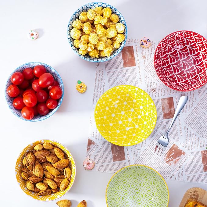 AntoKueh Set of 6 10oz Colorful Ceramic Bowls – 4.7-inch Small Bowls Perfect for Snack, Dessert, Sauce, or Dipping. Microwave & Oven Safe Porcelain