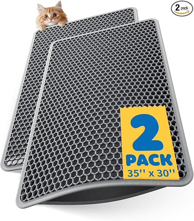 35" x 30" Cat Litter Mats (2-Pack) - Ultra-Large Litter Box Mats with Double Layers, Urine-Proof and Non-Slip Litter Trapping Mats, Easy to Clean Kitty Litter Mats for Floor, Scatter Control, Grey