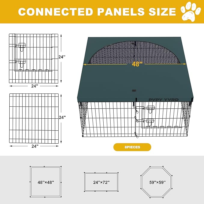 Dog Playpen with Top Cover,Foldable Metal Puppy Play Pen,24x24in 8 Panels Dog Playpen with Door for Indoor Outdoor,Heavy-Duty Pet Exercise Fence for Small Medium Animals