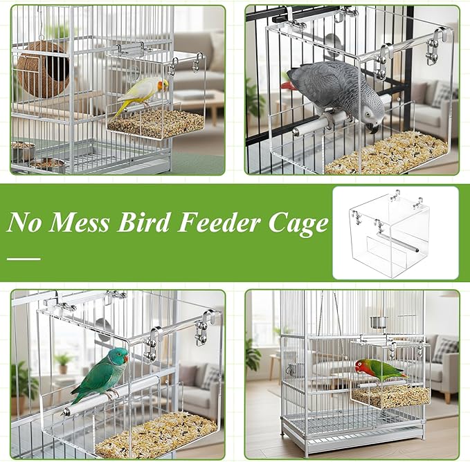 No Mess Bird Feeder for Cage Acrylic, Large Bird Cage Pet Feeder Seed Food Container, for Parakeet Canary Parrot Cockatiels Cockatiels Lorikeet Lovebirds, 6.2 x 6.2 x 6.3 inch