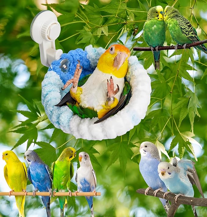 Warm Bird Nest Bed with Suction Cup Bird Snuggle Hut Breeding Bird House Plush Hanging Bird Bed for Parakeet, Conure, Budgie, Cockatiel, Lovebird, Finch, Hamster-Blue
