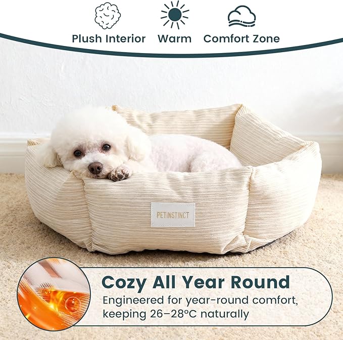 Cat Bed, 22 Inch Washable Corduroy Cat and Small Dog Bed with Removable Cover & Anti-Slip Bottom, Calming Comfort Pet Bed for Pets up to 15 lbs (Cream White)