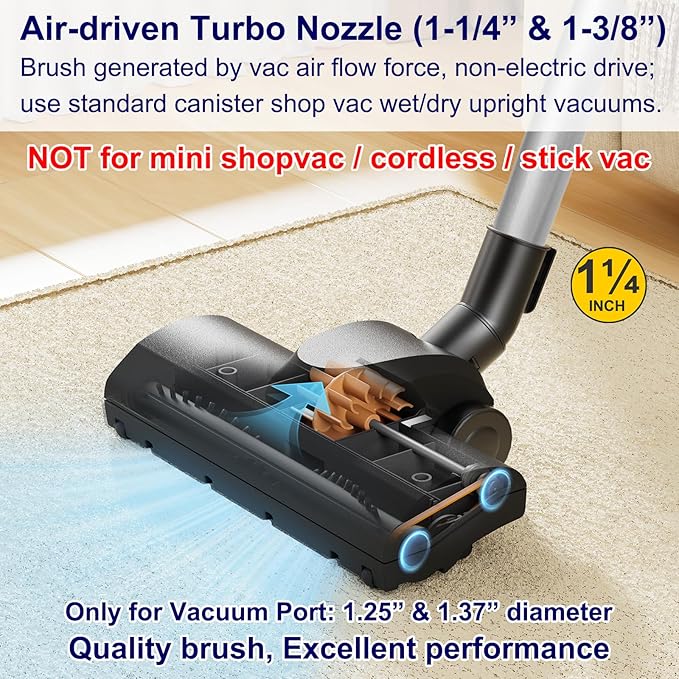 Portek Turbo Brush Head for 1-1/4" and 1-3/8" Vacuum Cleaners, Air-Driven Floor Nozzle Attachment with Adapter and Cleaning Tool for Pet Hair Removal on Carpets and Hard Floors