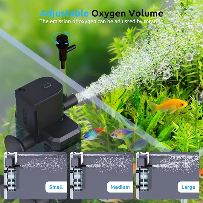SEAOURA Quiet Internal Aquarium Filter 100GPH Water Pump for 5-15 Gallon Fish Tanks Aeration System | Built-in Aeration Oxygen System Stable Circulation Pump Detachable Washable Filter Sponge Compact Submersible Internal Design
