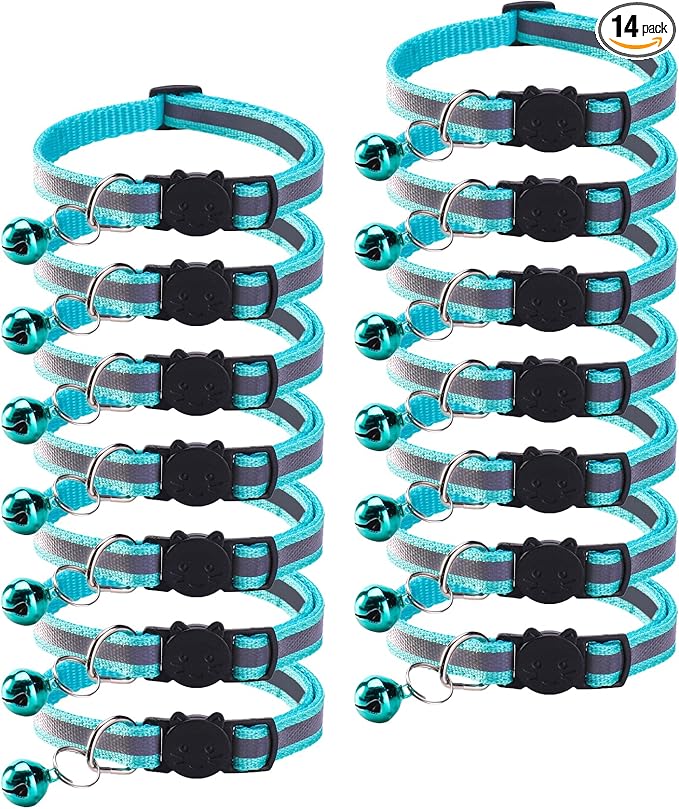 14 Pack Breakaway Cat Collar with Bell, Reflective Kitten Collar for Girl Boy Cats, Safety Buckle Adjustable 7.5-12.5 Inch, 0.4 Inch Width Lightweight, Pet Gifts (Turquoise Green)