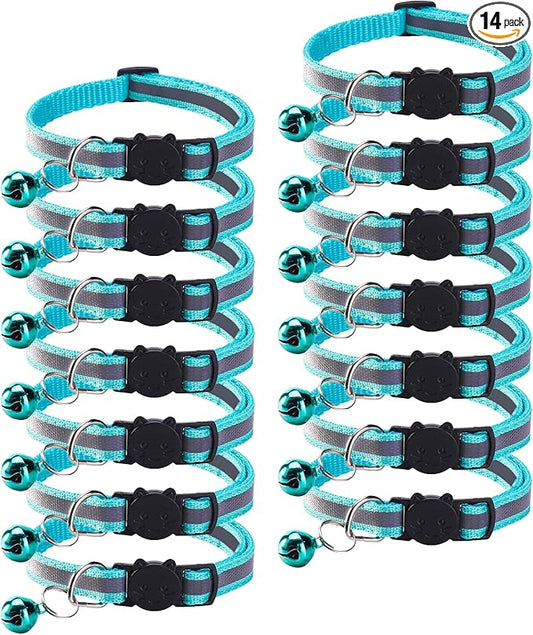 14 Pack Breakaway Cat Collar with Bell, Reflective Kitten Collar for Girl Boy Cats, Safety Buckle Adjustable 7.5-12.5 Inch, 0.4 Inch Width Lightweight, Pet Gifts (Turquoise Green)