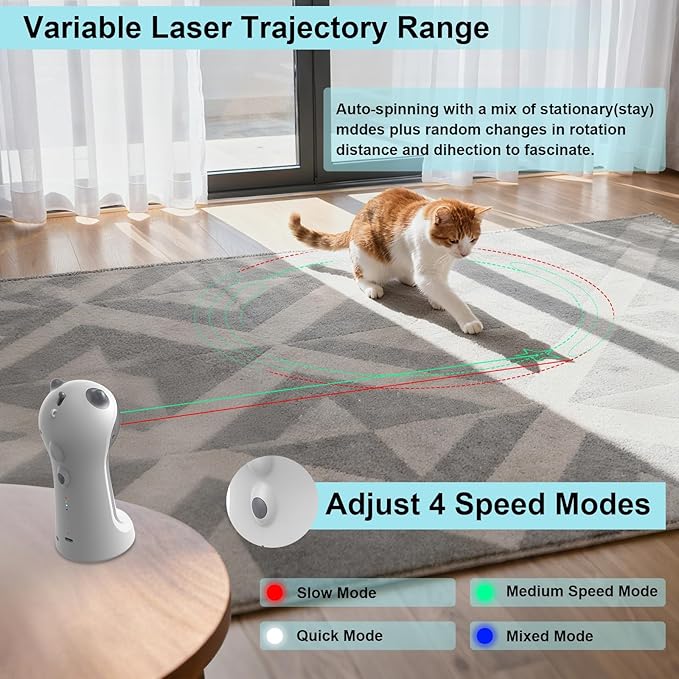 Waputne Automatic Cat Toy, Motion-Activated Interactive Cat Toy - 5 Fun Patterns, 4 Speed Modes, Adjustable Light Angles, Random Rotating Trajectory, Rechargeable(Red Dot + Green Star)