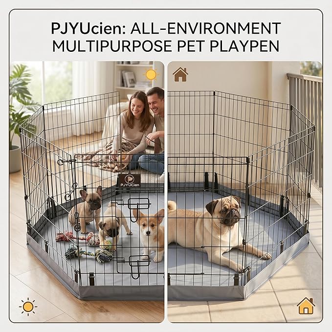 PJYuCien Dog Playpen with Bottom Pad - Metal Foldable Exercise Pen, 8 Panels 30" H x 24" W Indoor Outdoor Pet Fence Puppy Crate Kennel, Gray