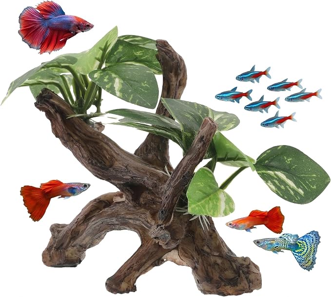 Driftwood Cave Aquarium Decor, Artificial Fish Tank Driftwood Decoration Fake Plant Tree Decorations Realistic Cave Cloth Leaf Plants for Fish Tanks Aquatic Landscapes Ornaments 6. 68x4. 32x3. 93in