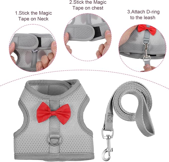 Breathable Soft Mesh Vest Harness & Leash Set for Rabbits, Bunny, Kitten, Ferret, Small Pig, Puppy, Small Pets – Gray, Medium
