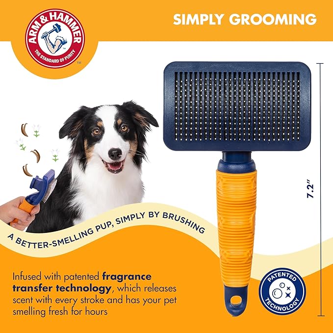 Arm & Hammer Deodorizing Slicker Brush for Dogs, Fragrance Transfer Technology with Baking Soda, Self-Cleaning Button, Removes Loose Fur & Tangles, Dog Grooming Brush, Sweet Lily & Vanilla