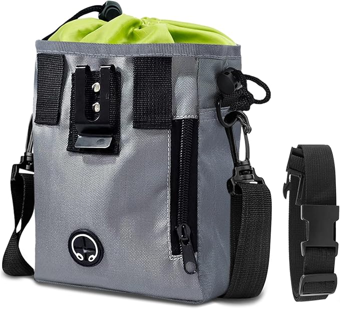 SunGrow Dog Travel Pouch, Training Bag for Treats, Kibbles, Toys & Accessories, Gray, Multiwear and Weather-Proof, 1 Pouch with Adjustable Shoulder Strap and Waist Belt
