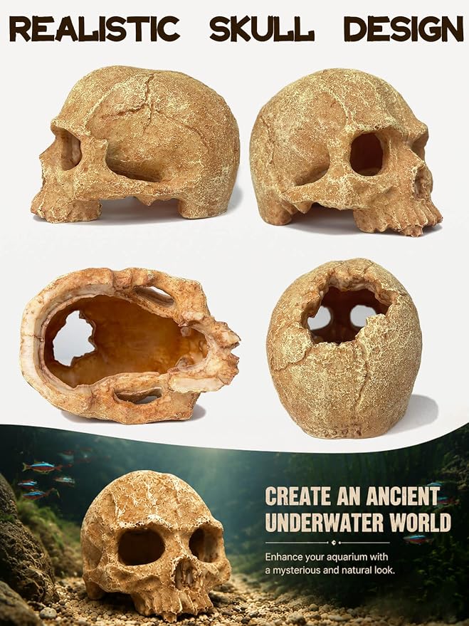 Aquarium Decor - Small Skull Hiding Cave for Fish Tank, Aquarium Hideout Ornament with Skull Texture for Betta, Guppy, Shrimp, Spider - Aquatic Hide Decoration, Fish Hiding House（White）