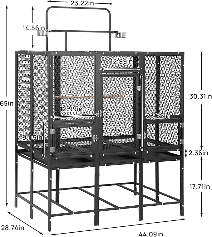 44" W X 65" H Massive Bird Cage with Playtop, Extra Wide Heavy Duty Carbon Steel Flight Cage, Rust-Proof Panoramic Aviary for Parrots Cockatiels, Strong Diamond Mesh, Indoor Outdoor