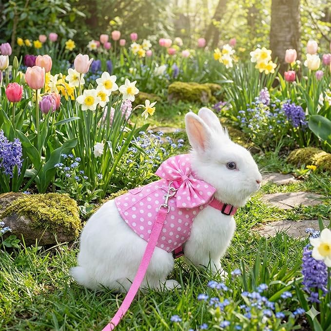 Bunny Harness and Leash Set, Soft Mesh Rabbit Harness with Bow, Adjustable Escape Proof Vest for Small Pets Rabbits Kittens Guinea Pigs (Pink Polka Dots, S)