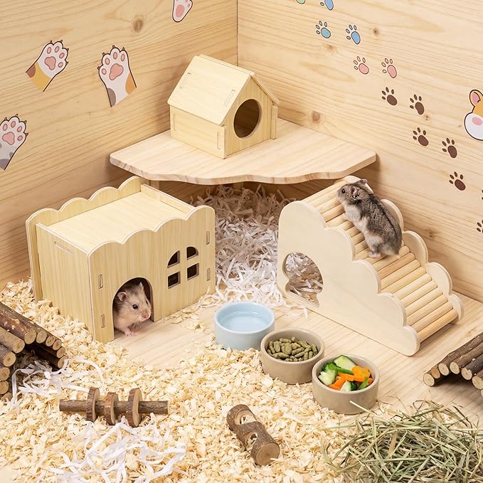 BreezeHug 4 Pcs Hamster Platform Hideout Wooden Tunnel Ladder Playhouse Hamster Game Climbing Toy with Platform Cage Accessories for Pets Dwarf Syrian Mice Degus Gerbils Squirrel(Wave House)