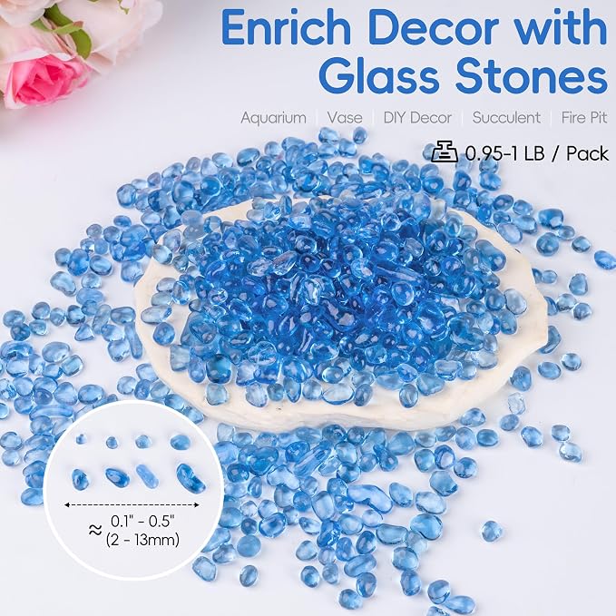 Meschett Colorful Glass Stones, 1 LB Fish Tank Gravel, Small Irregular Rainbow Aquarium Gravel for Aquarium Decorations and Turtle Tank, Sea Glass Beads Crystals for Fish Bowl, Vase Filler,Light Blue