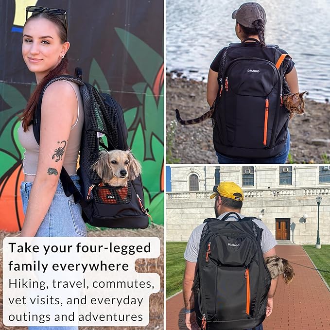 DJANGO Dog Carrier Backpack – Pet Backpack for Small Dogs & Cats with Hip Belt, Laptop Pocket & Water Bottle Sleeve – Travel Dog & Cat Carrier for Hiking, Camping & Commuting (Midnight Black)
